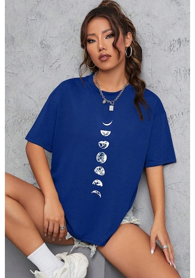 Uyguntarz Unisex Moon Phases Baskılı T-shirt Mavi