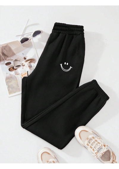 Expression Print Elastic Waist Thermal Lined 4 Mevsim Eşofman Siyah