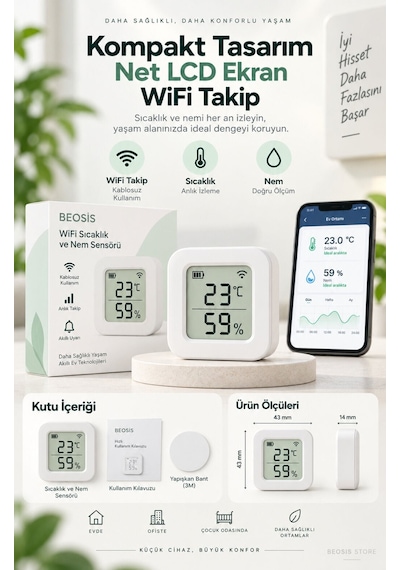 Wifi Lcd Ekranlı Pilli Sıcaklık Ve Nem Sensörü Fonri, Tuya, Smart Life, Google Assistant, Amazon Al