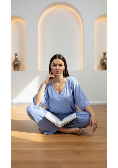 Divinus Bol Kesim V Yaka Yarım Kollu Pijama Takımı Mavi