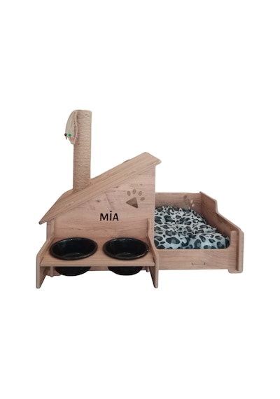 Realwood Ahşap Seramik Kaseli Tırmalama Çubuklu Açık Kapalı Kedi Evi
