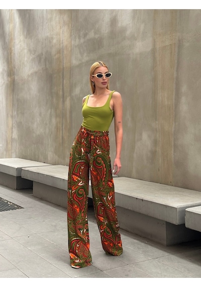 Mamayaga Kadın Yüksek Bel Kuşaklı Desenli %100 Viscose Pamuk Geniş Paça Şık Casual Büyük Beden Curve Pantolon Haki