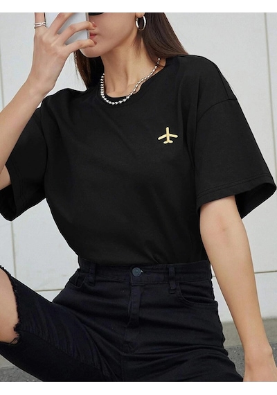 Startmore Kadın Siyah Airplane Baskılı Oversize T-shirt Siyah