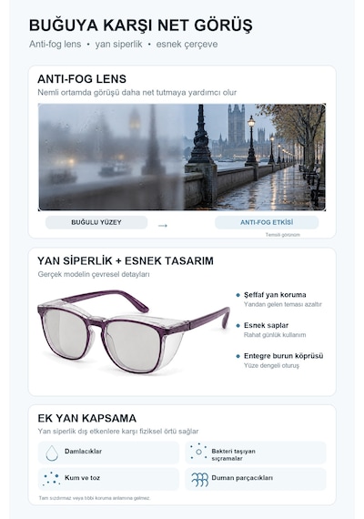 Fotokromik Polarize Uv Korumalı Buğu Önleyici Yan Siperlikli Güneş Gözlüğü Üzüm Moru Siyah