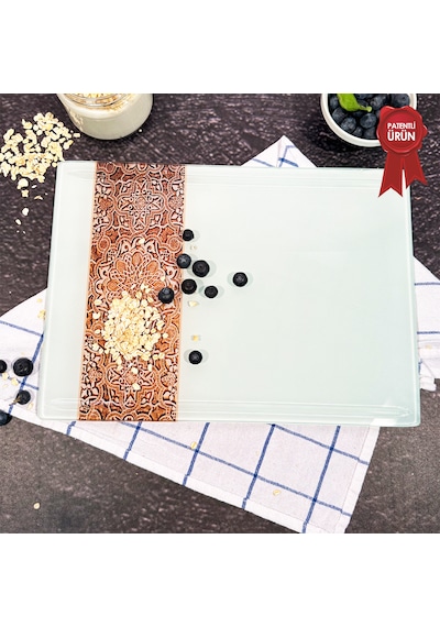 Kanallı Cam Kesme Tahtası - Arabesk Tek Şerit Desen - 25x35cm
