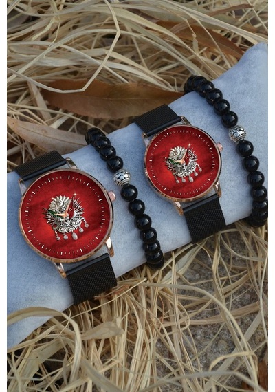 Siyah Rose Gold Hasır Çift Kırmızı Tuğra Saat Ve Bileklik Hediyeli Çift Sevgili Saatleri