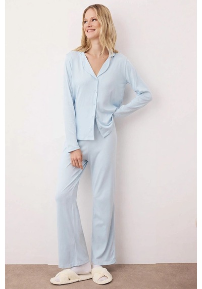 Benerly Kadın Gömlek Yaka Standart Kol Regular Kalıp Örme Pijama Takımı F mavi