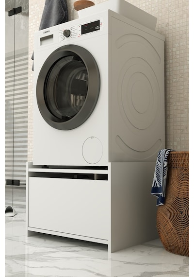 Çekmeceli Çamaşır Makinesi Altı Dolap Yükseklik Arttırıcı Ve Saklama Alanı Banyo Düzenleyici Beyaz Beyaz