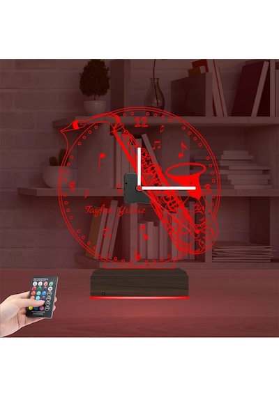 Luvivia Saksafon Enstrüman Müzik Nota Kişiye Özel Saatli 3d Lamba - Masa Gece Lambası Şeffaf