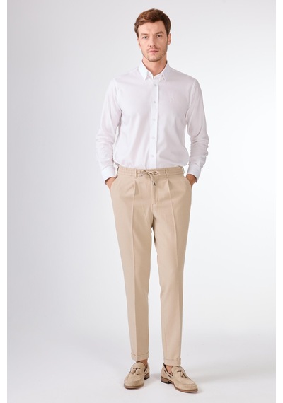 Dufy Bej Gofre Desen Pileli Jogger Slim Fit Erkek Pantolon Bej