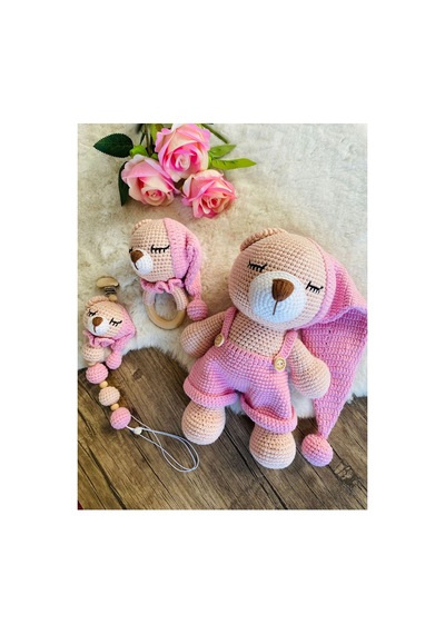 Adenya Sepeti Masala Ayıcık Set Pembe Renk Örgü Amigurumi Oyuncak + Diş Kaşıyıcı + Emzik Askısı