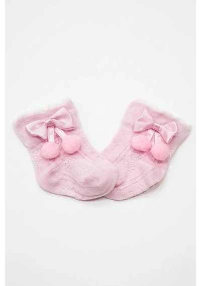 Cocole Socks Kız Çocuk Aksesuarlı Soket Çorabı Tekli Pamuklu Ponponlu Pembe Desenli