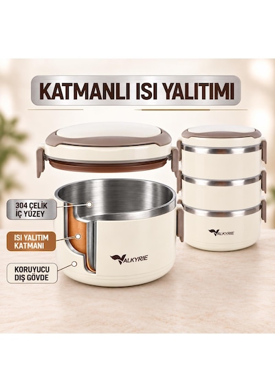 Valkyrie 3 Katlı 304 Paslanmaz Çelik Yemek Termosu Isı Yalıtımlı Sızdırmaz Sefer Tası Termal Çantalı Krem