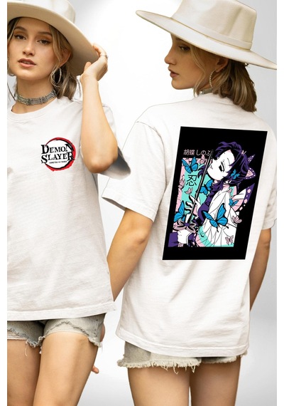Shinobu Kocho Demon Slayer Beyaz Oversize Unisex Ön Ve Sırt Baskılı Tişört Beyaz