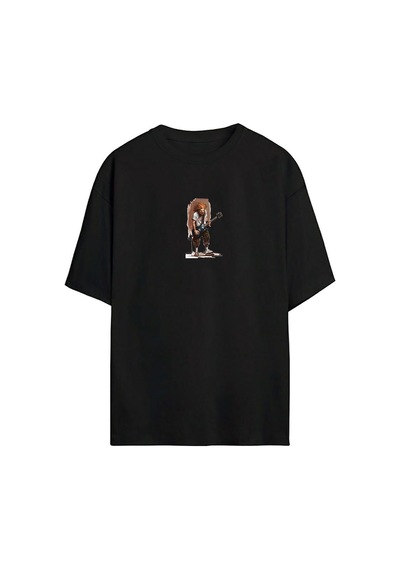 Thewert Unisex Kahverengi Saçlı Adam Baskılı Siyah Oversize Tshirt