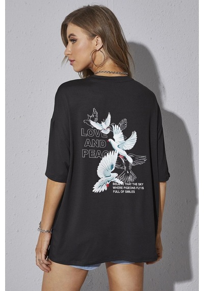 Love And Peace Baskılı Unisex Oversize Tshirt Siyah