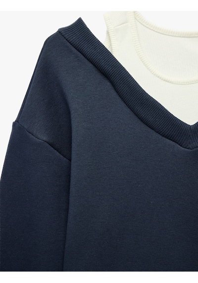 Koton V Yaka Uzun Kollu Pamuklu Şardonlu Sweatshirt Lacivert 7wkg10051ak