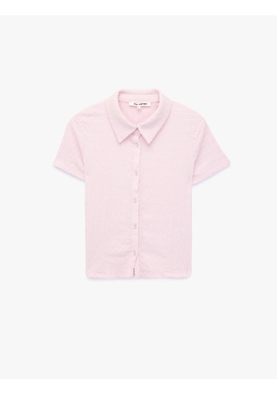 Koton Regular Fit Kısa Kollu Düğmeli Bürümcük Kumaş Polo Yaka Bluz Pembe 7wal60015ık Gül