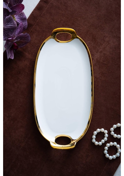 Acar Arven Oval Gold Sunum Tepsisi - 33 Cm Beyaz