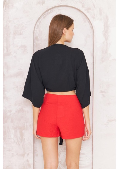 Darlin Moda Kadın Kırmızı Drapeli Yırtmaçlı Keten Karışımlı Mini Şort Etek Dm2035 961 Kırmızı