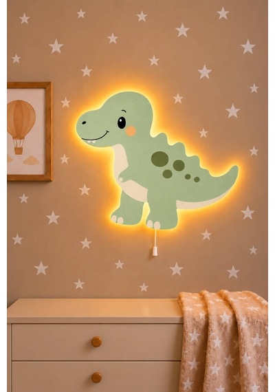 Ahşap Dinozor Gece Lambası Yıldız Hediyeli Pilli Ledli Bebek Çocuk Odası-dino2 Yeşil