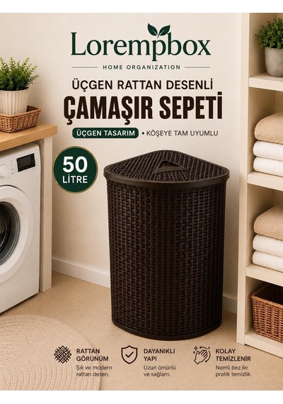 Lorempbox 50 Litre Üçgen Rattan Desenli Çamaşır Sepet Köşe Uyumlu Kahverengi Çok Renkli
