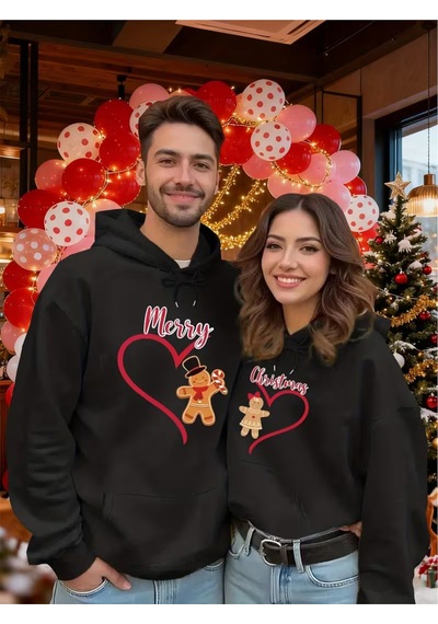 Nevermind Sevgili Kombini Hoodie Merry Christmas Baskılı Çift Kapüşonlu S Siyah