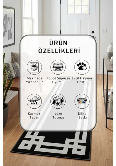 Klasik Ari Salon Mutfak Yatak Odası Dijital Yıkanabilir Yolluk Siyah