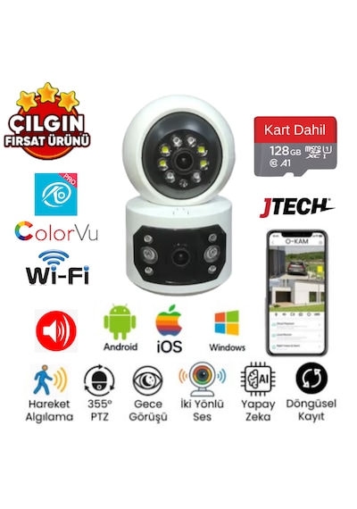 O-kam 4047 3mp 3mp 4mp Wi-fi 2 Lens Alert Ptz Akıllı Masaüstü Kamera + 128gb Sd Kart Dahil