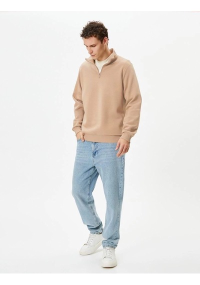 Barlashive Erkek 3 İplik Pamuklu Uzun Kol Yarım Farmuarlı Yakalı Sweatshirt - Bej Çok Renkli