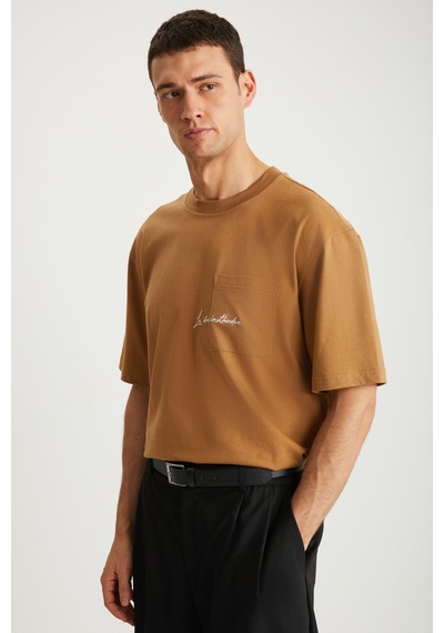 Grimelange Kravın Erkek %100 Pamuk Bisiklet Yaka Baskılı Kahverengi T-shirt