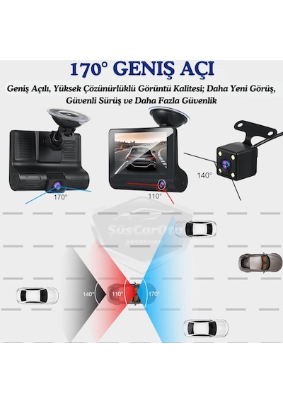 3 Kameralı Kayıt Cihazı İç Ön Arka Geri Görüş Kameralı 4.0" 1080p Full Hd Kayıt Çarpışma Algılayıcı Sensörlü Gece Görüşlü Park Sensörü Sesli Yol Kayıt 00 Şüscaroto Aksesuar