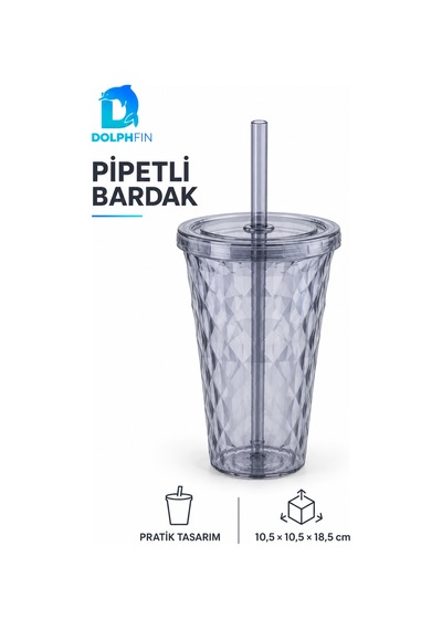 Diamond Pipetli Bardak Kapaklı Şeffaf Desenli Soğuk İçecek Bardağı Çok Renkli