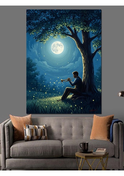 Ahşap Tablo Gece Yıldızlar Altında Trompet Çalan İnsan Figürlü Tablolar