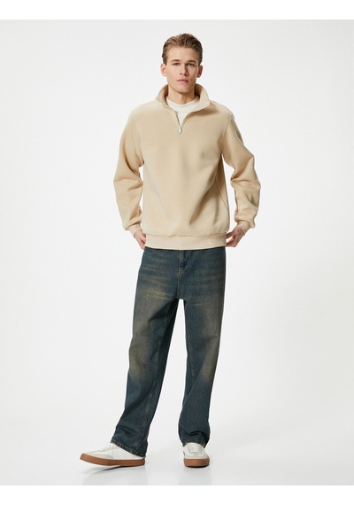Koton Yarım Fermuarlı Sweatshirt Basic Dik Yaka Ribanalı Uzun Kollu Bej 4sam70002mk Ekru