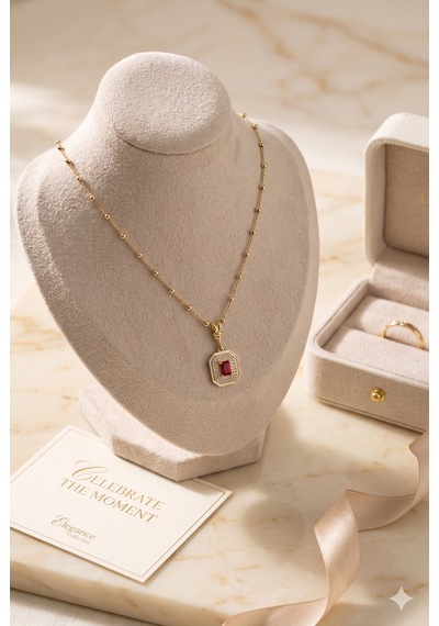 Premium Ruby Işıltısı Zirkon Taşlı Antika Görünümlü Baget Kolye Altın