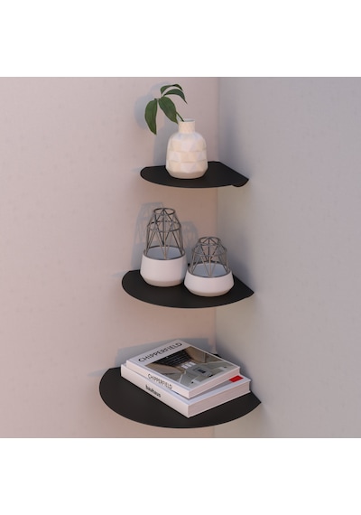 Oval Metal 3'lü Duvar Köşe Rafı Modern Dekoratif Raf Seti Siyah