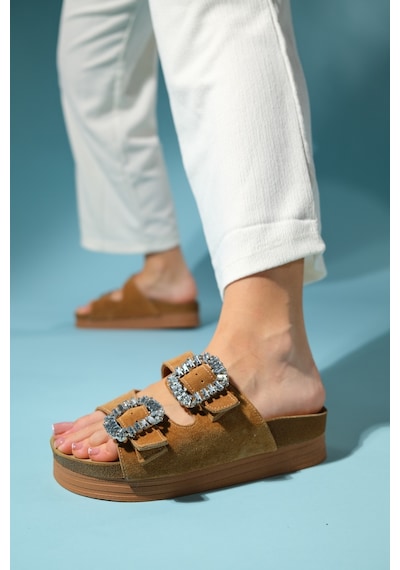 Luvishoes Polacca Taba Süet Taşlı Çift Bantlı Hakiki Deri Kadın Kalın Tabanlı Terlik Taba