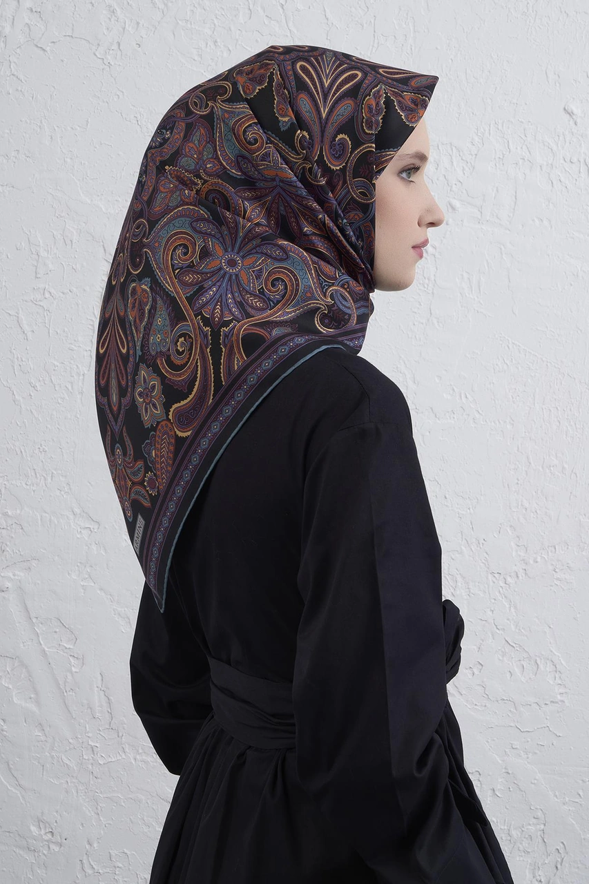 Armine Etnik Desen Saf İpek Twill Eşarp 9421d 86 Siyah