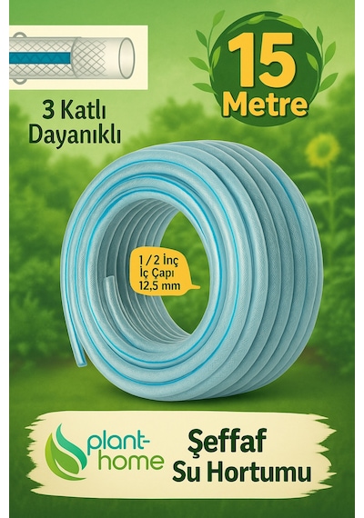 Şeffaf Su Hortumu 15 Metre 1/2 İnç 3 Katlı Pvc Bahçe Sulama Hortum