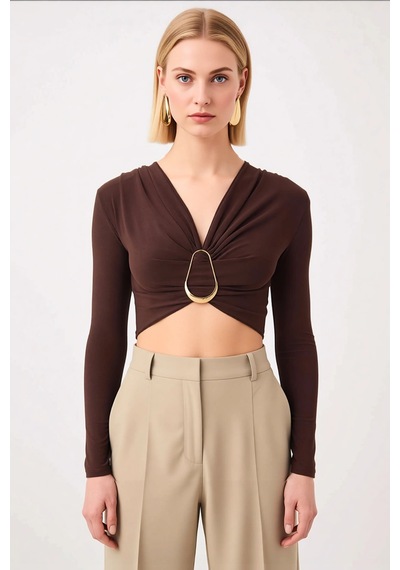 Benerly Kadın Bluz Crop V Yaka Uzun Kol Fitted Kalıp Örme Kumaş Düz Desen Kahverengi