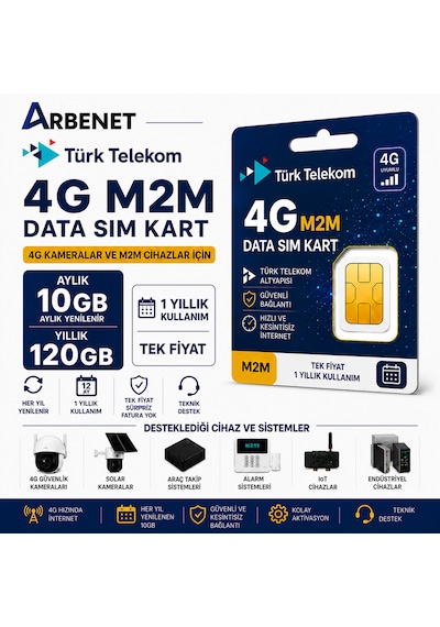 Turk Telekom 4G Data Sim Kart Aylık 10 GB Yıllık 120 GB (Solar Kameralar İçin)