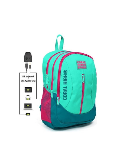 Coral High Sport Yeşil-pembe Okul ve Günlük Sırt Çantası USB ve AUX Çıkışlı 23229