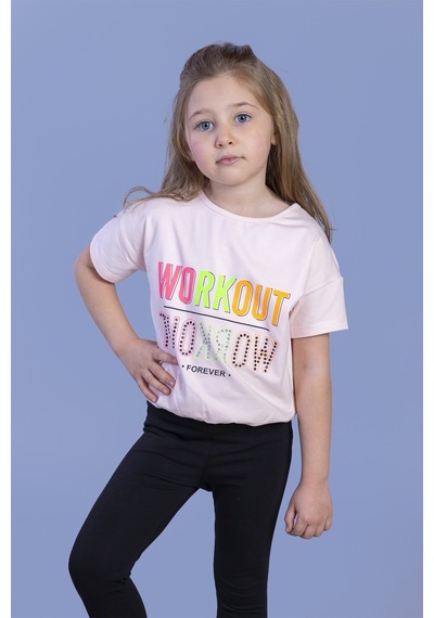 Toontoy Kids Toontoy Kız Çocuk Workout Baskılı Taş İşlemeli Tişört Pudra