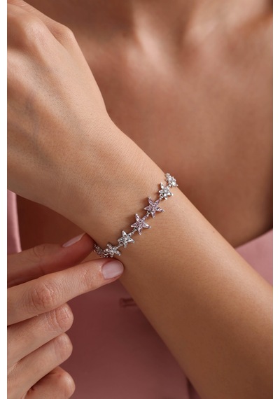 925 Ayar Gümüş Rodyum Kaplama Pembe Taşlı Sıralı Lotus Çiçeği Bileklik Çok Renkli