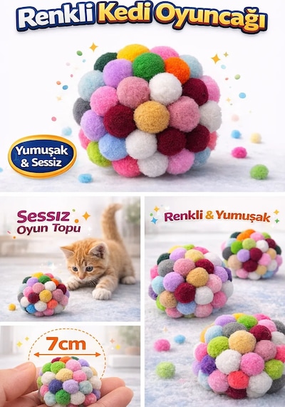 Renkli Ponpon Kedi Oyuncak Topu 7 Cm 2 Adet Yumuşak Sessiz Kedi Oyun Topu