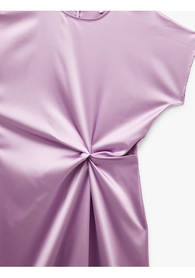 Koton Çıkma Kol Bisiklet Yaka Drape Detaylı Midi Boy Saten Elbise Lila 5sak80327uw Lila