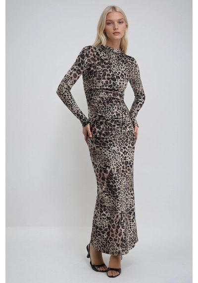Lijuri Leopar Desenli Uzun Kadife Elbise 2989 Leopar