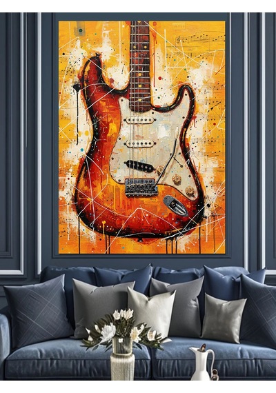 Ahşap Tablo Kırmızı Gitar Alev Desenleri İnsan Figürlü Tablolar