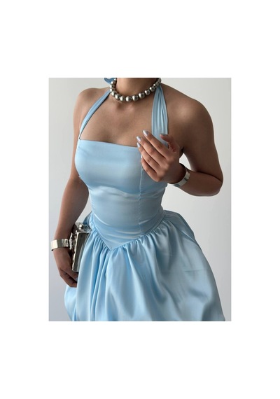 Mayrem Kadın Saten Halter Yaka Balon Mini Elbise Mavi Mayrem Kadın Saten Halter Yaka Balon Mini Elbise Mavi